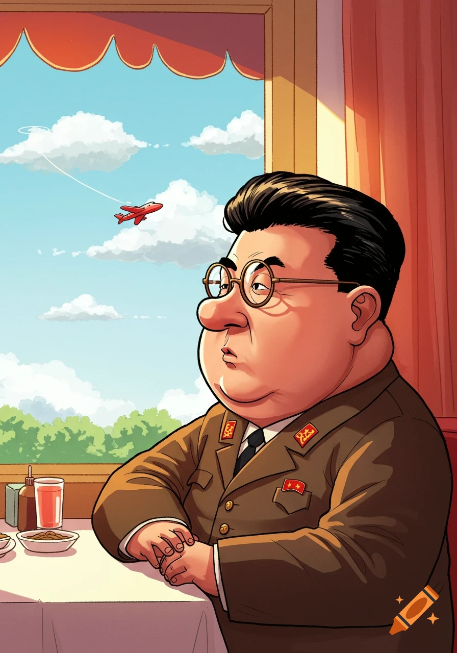 Cartoon caricature of an authoritarian leader in uniform, sitting by a window, looking at a small red airplane in a colorful comic style.