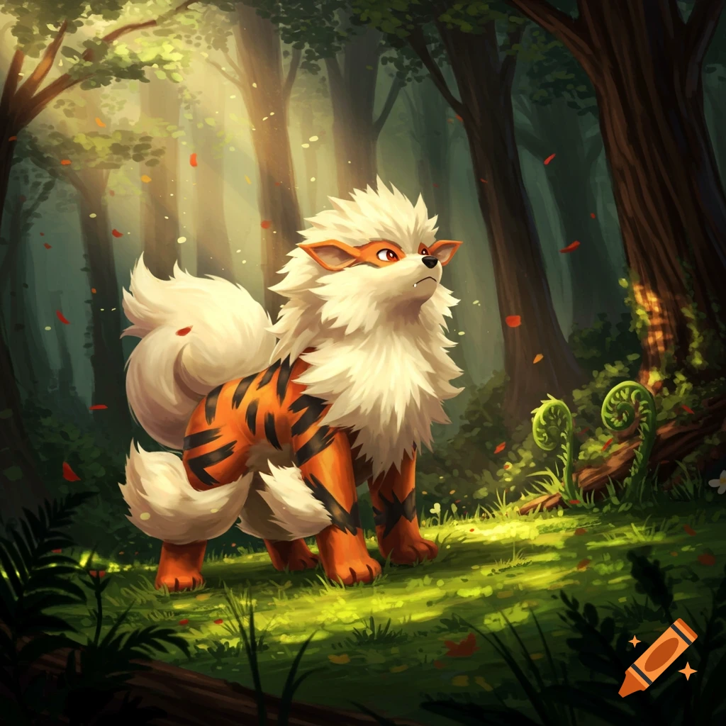 An orange and white striped dog-like creature with a fluffy mane stands in a sunlit forest among green plants and falling red leaves.