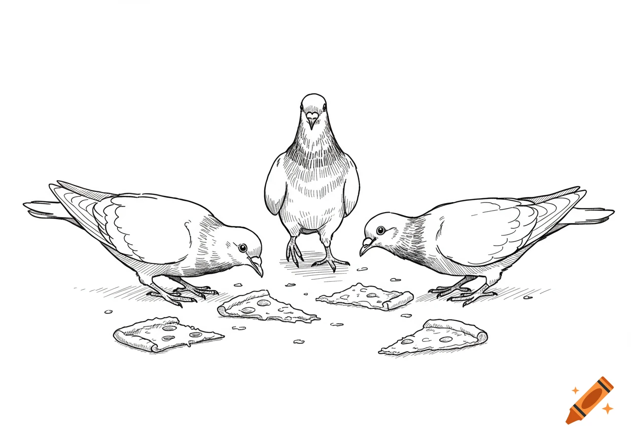 Black and white doodle-style line drawing of three pigeons eating pizza crusts on a plain white background.