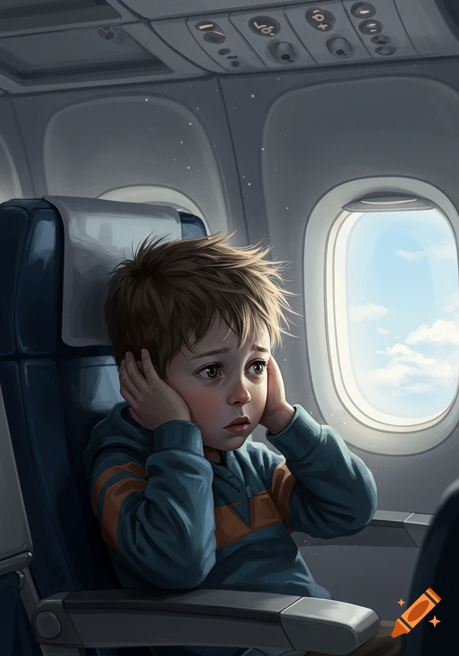 A young boy with disheveled hair covers his ears with his hands, looking distressed while sitting in an airplane seat by a window, illustration.