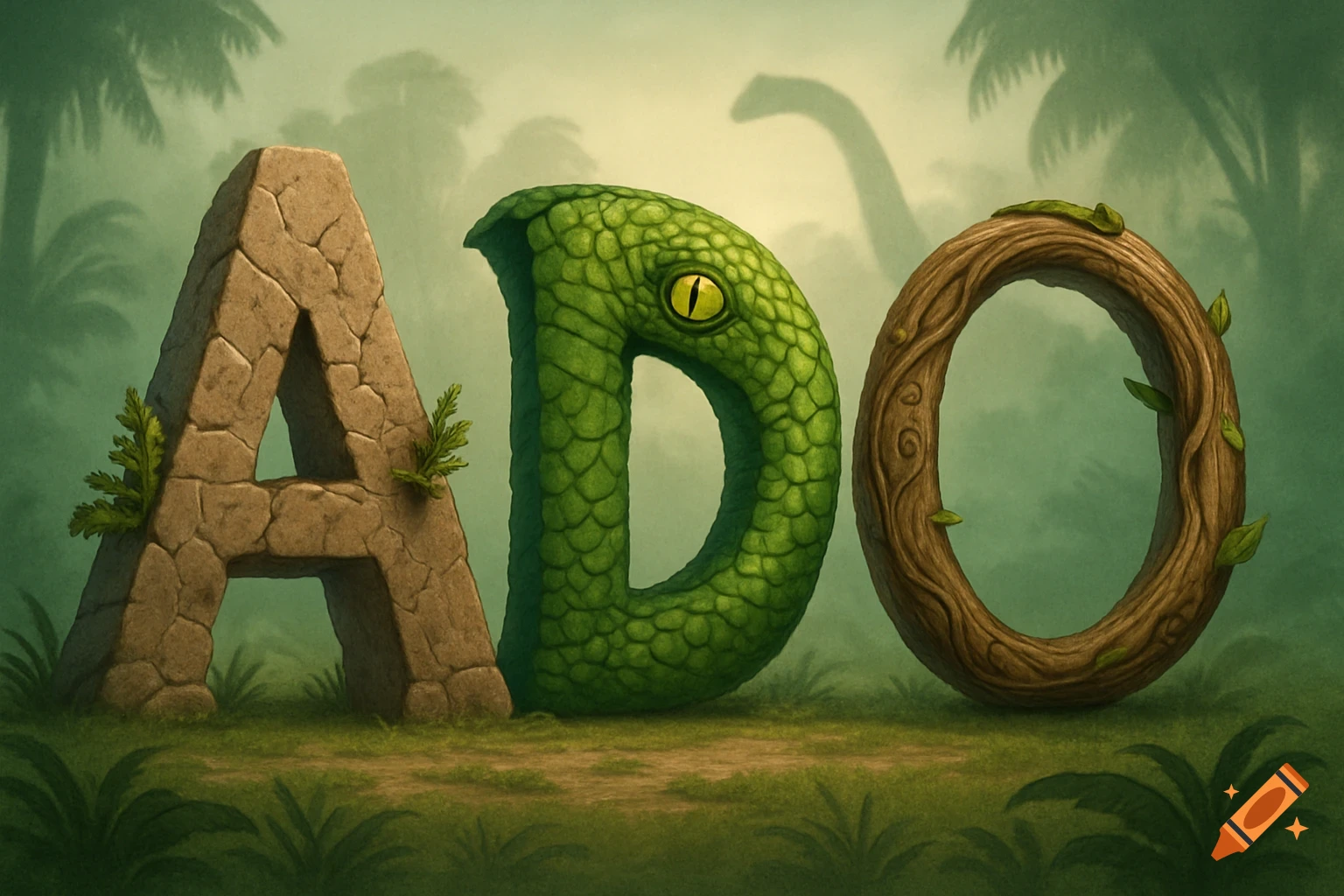 The word ADO stylized as letters in a jungle. 'A' is stone, 'D' is green scales with an eye, 'O' is wood. Dinosaur silhouette in background.