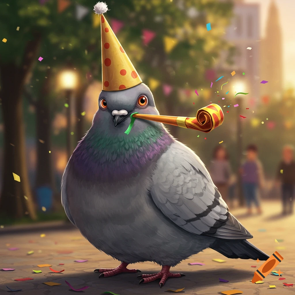 A portly cartoon pigeon wears a yellow polka-dot party hat and holds a party blower in its beak, surrounded by confetti in a park setting.
