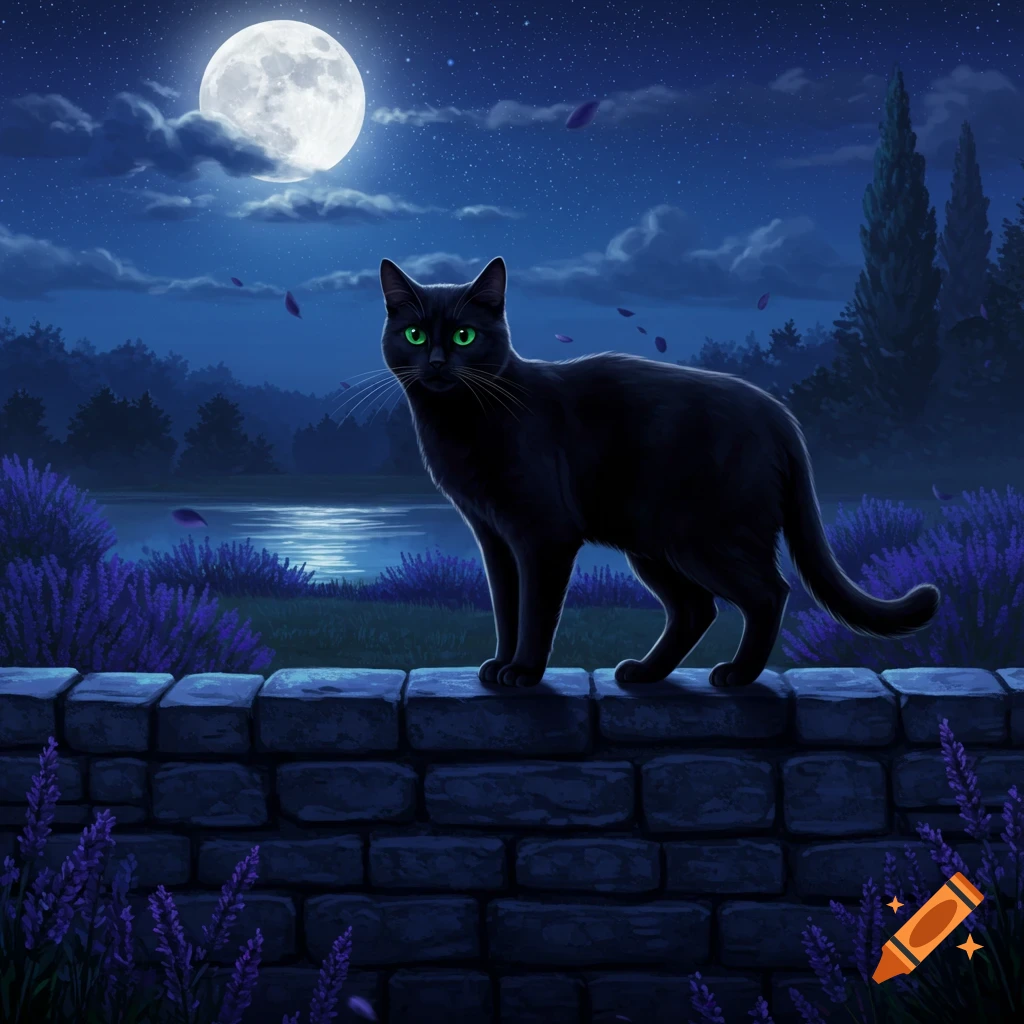 A black cat with glowing green eyes stands on a stone wall under a full moon, with lavender bushes and a lake reflecting moonlight.