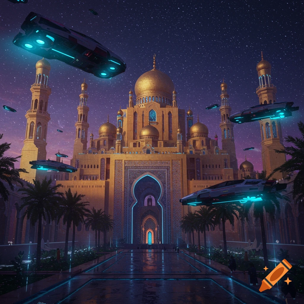 Futuristic golden Arabian palace with glowing archways, palm trees, and hovering vehicles under a starry sky.