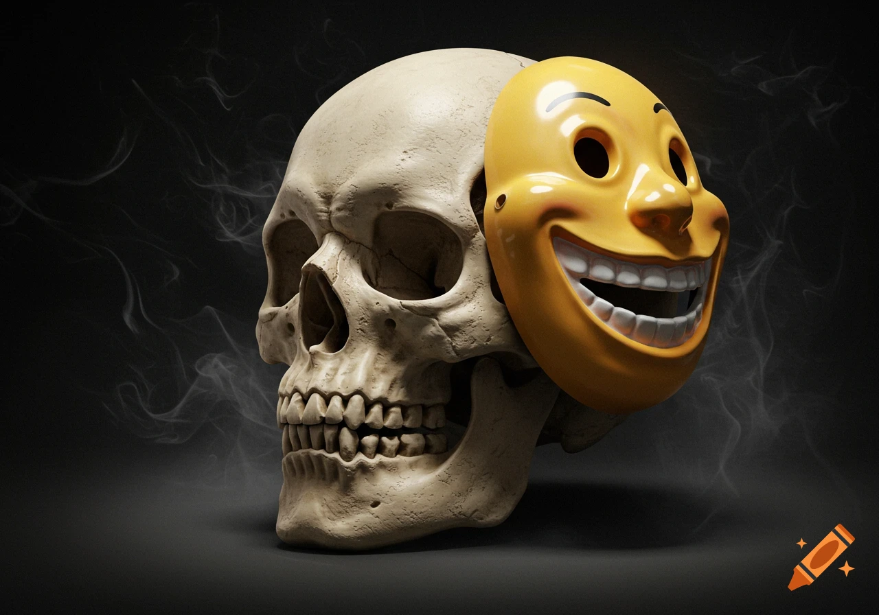 Photorealistic human skull wearing a yellow smiley face mask on its right side, with smoke in the dark background.