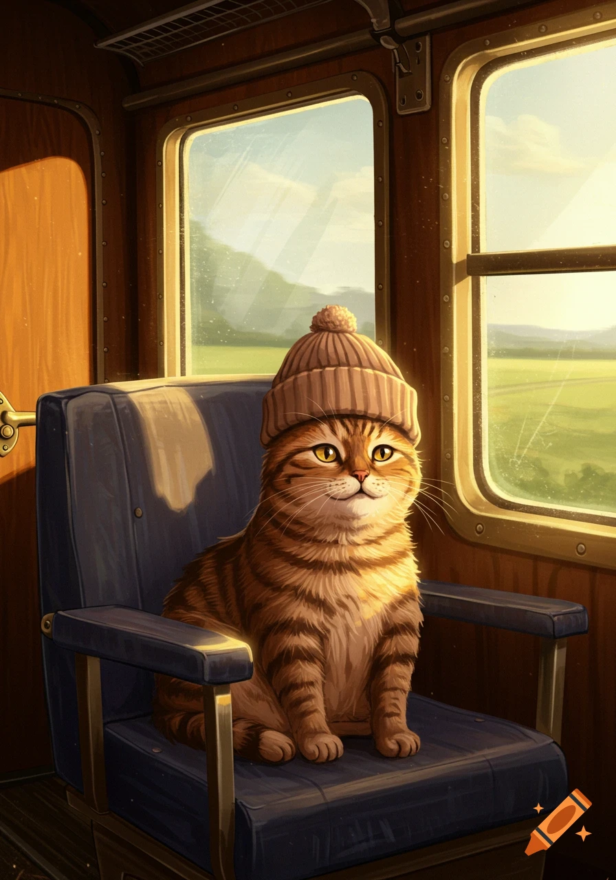 An illustration of a tabby cat wearing a beanie sitting in a train seat, looking out the window at a green landscape.