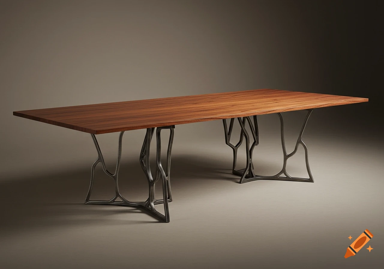 A high-end architectural dining table with a rectangular wooden top and elegant, organic-geometric steel rod legs.