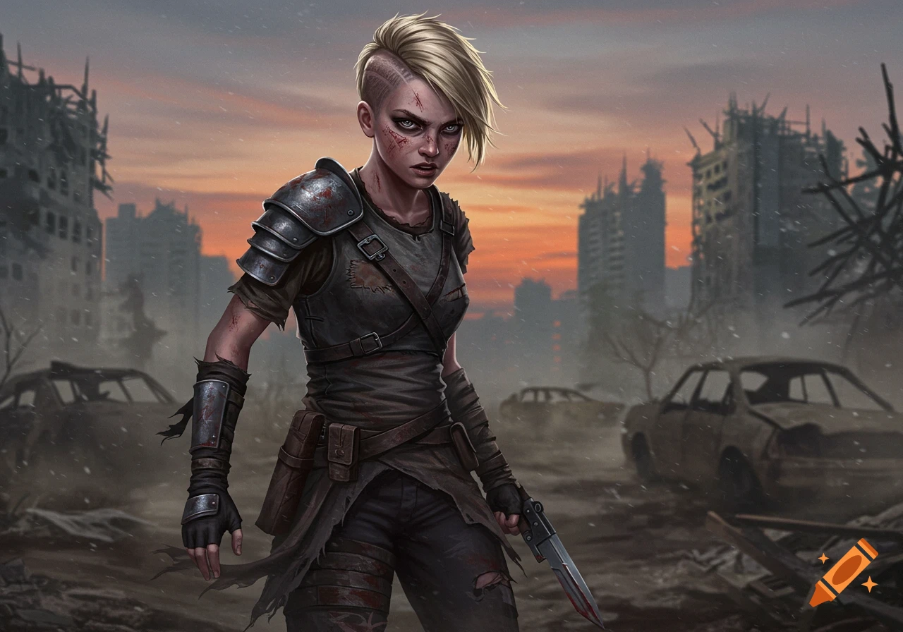 A female zombie apocalypse survivor with short blonde hair and armor holds a bloody knife in a ruined city at sunset.