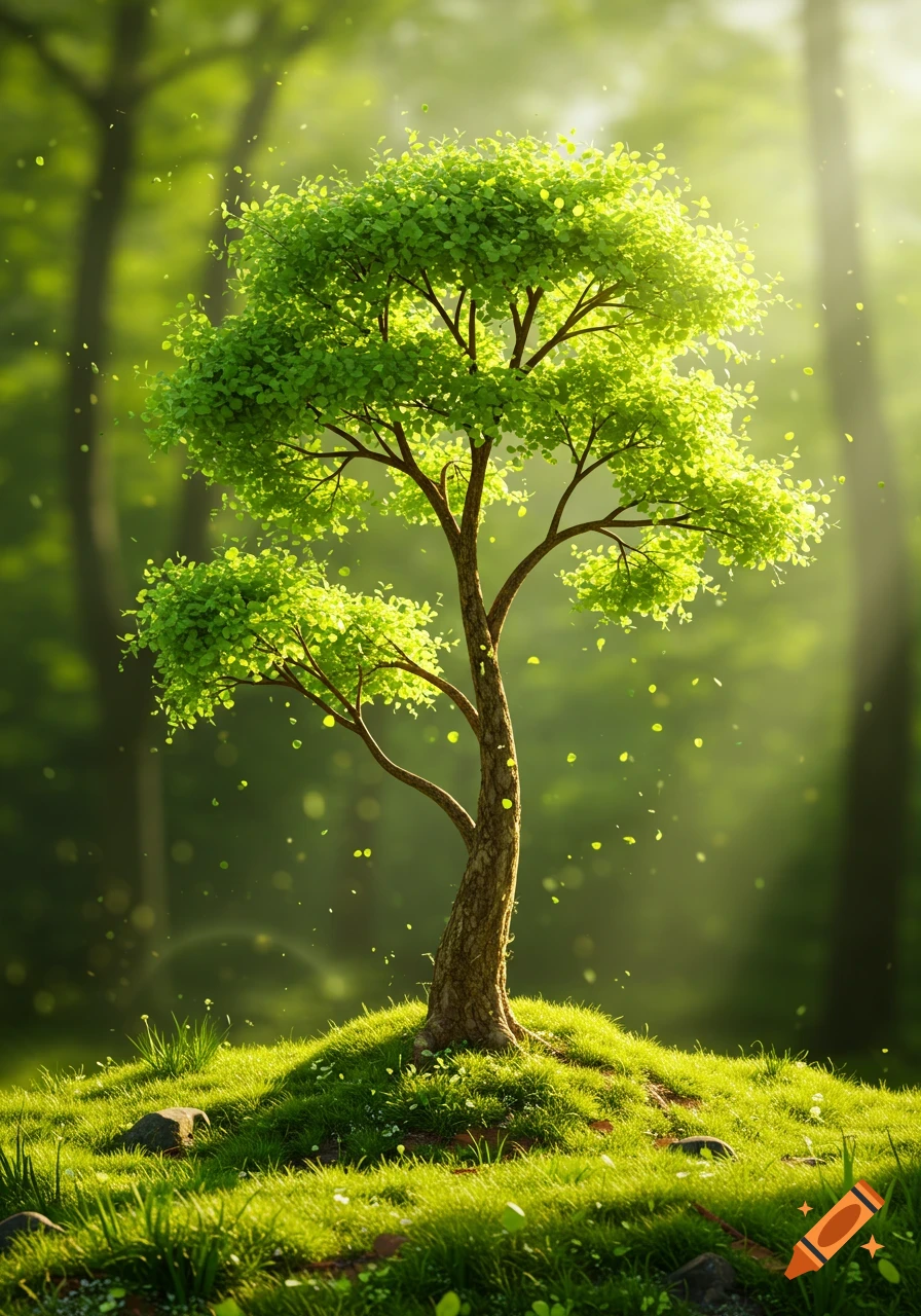 A vibrant green tree on a grassy hill, bathed in soft light within a blurred forest background with falling leaves.