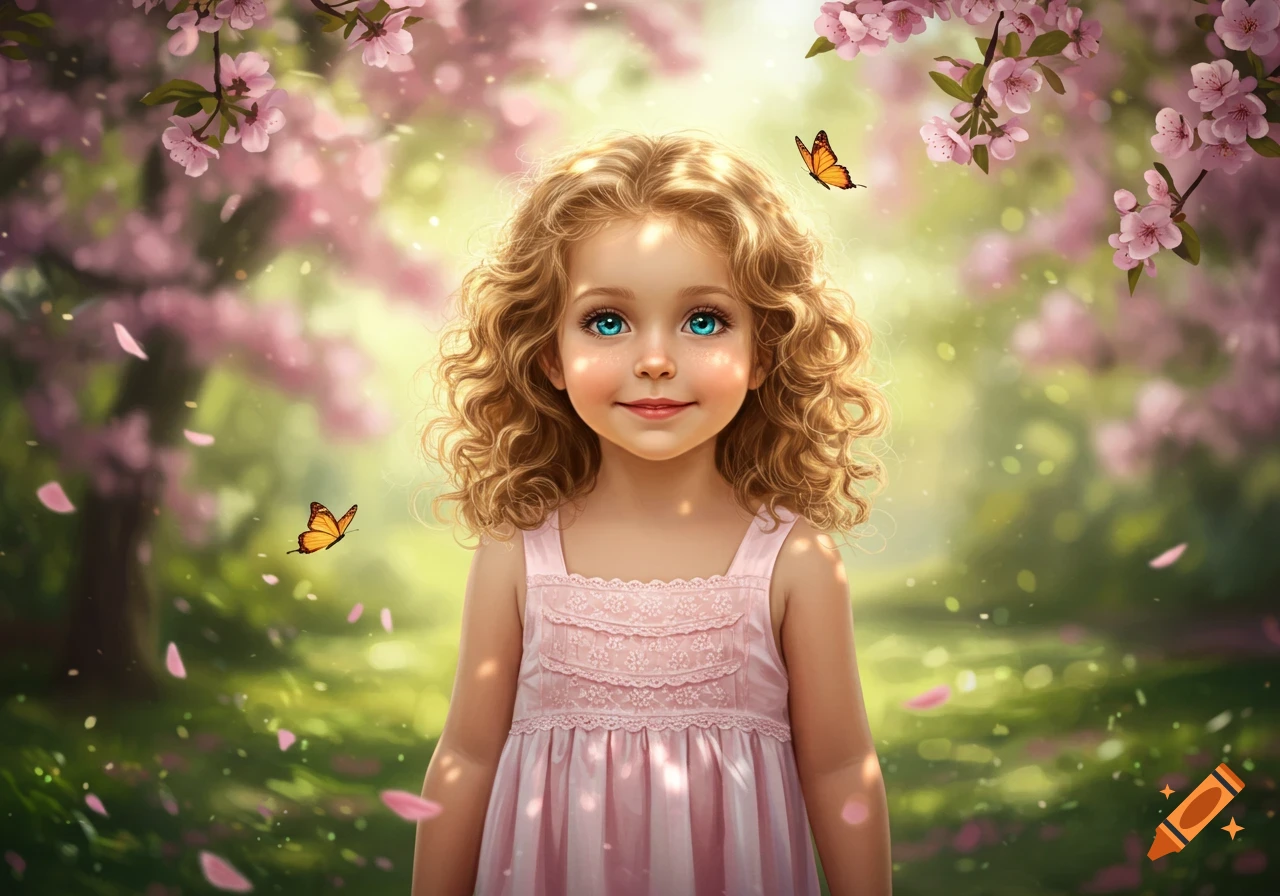 A smiling young girl with curly blonde hair and blue eyes stands amidst pink cherry blossoms and butterflies in a bright, magical spring garden.