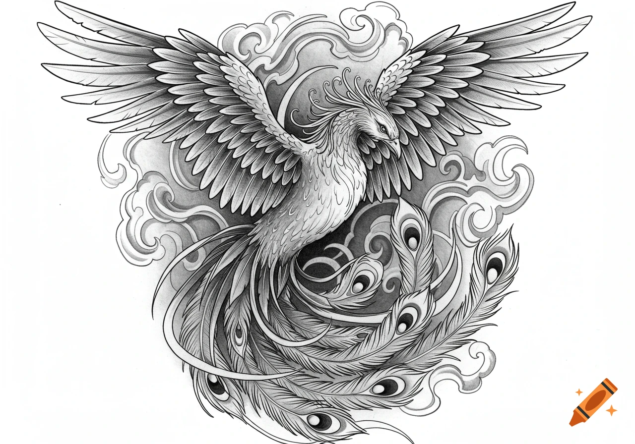 Black outline tribal-style tattoo design of a Quetzal bird with intricate  patterns and long tail feathers. on Craiyon, image size:1280x896