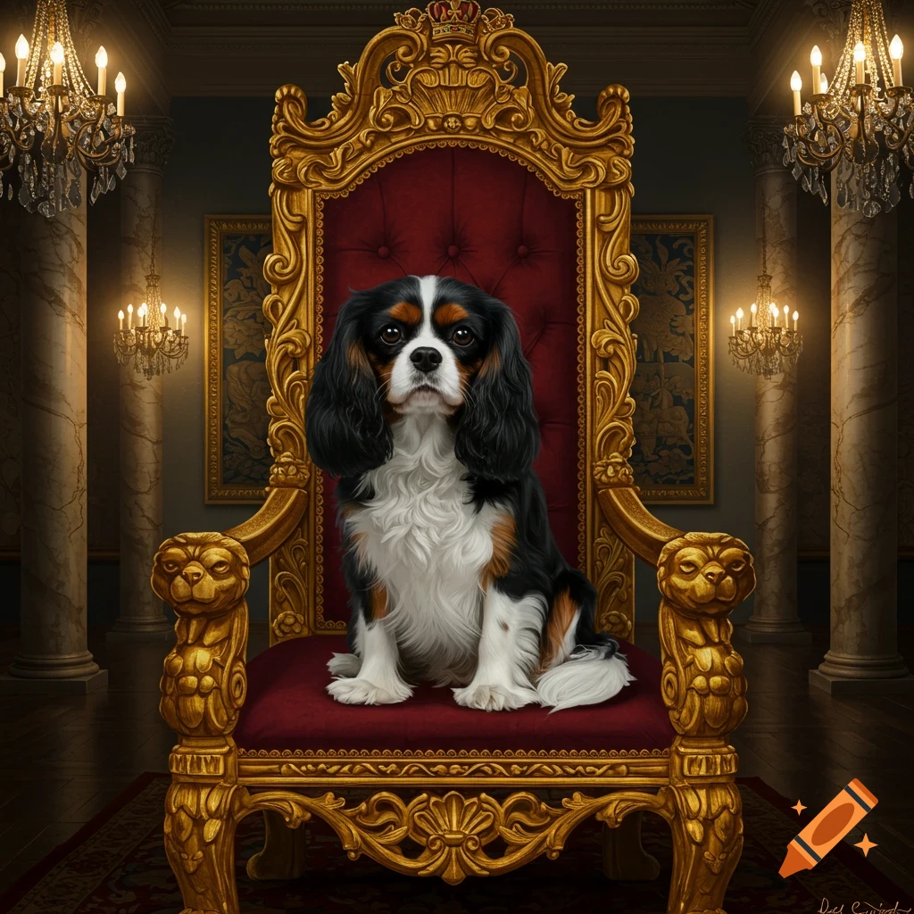 A regal Cavalier King Charles Spaniel dog sits on an ornate golden and red velvet throne in a lavish, chandelier-lit room.