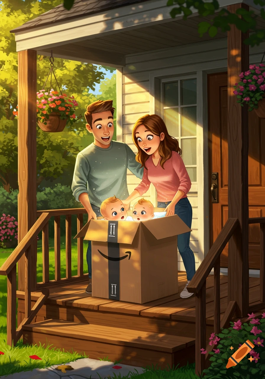 Happy couple on a porch looking at two babies in an Amazon box, illustration.