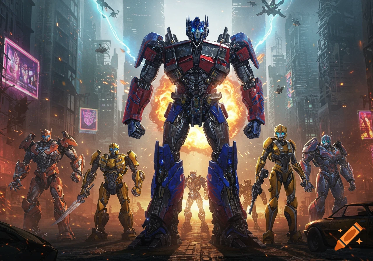 Optimus Prime leads several Transformers in a battle-damaged futuristic city, with explosions and flying aircraft in a cinematic style.