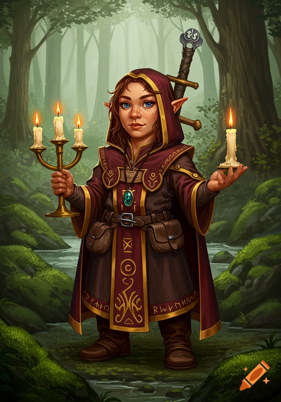 A female gnome cleric in a red hooded robe with gold trim holds a candelabra and a single candle in a forest.