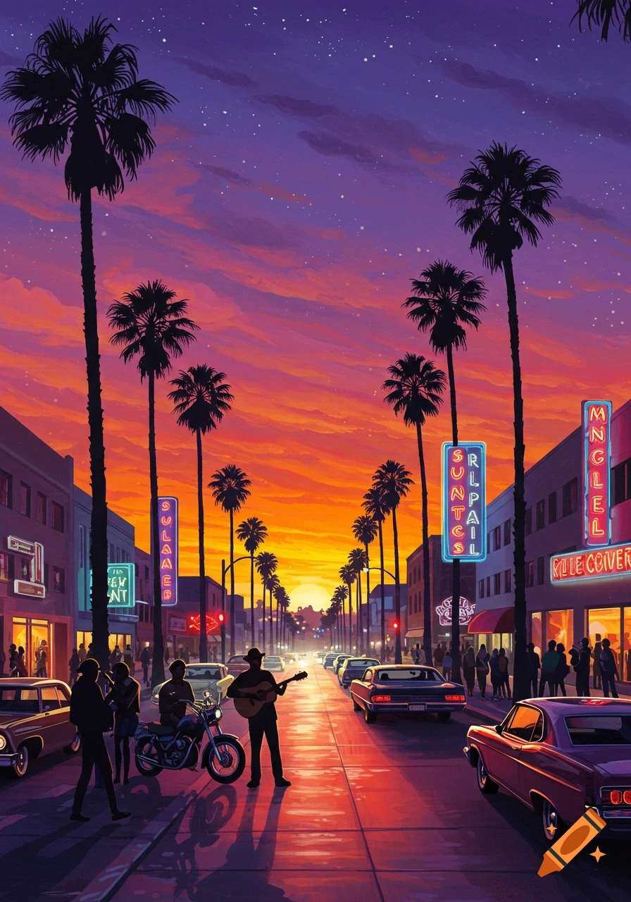 Vibrant retro-style illustration of a city street lined with palm trees at sunset, with cars, people, and a guitarist.