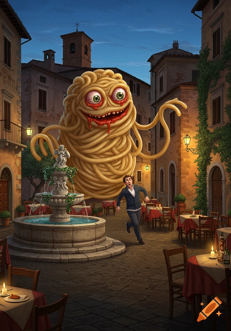 A giant, grotesque spaghetti monster with meatball eyes chases a man through a quaint Italian town square at night, past a fountain and cafes.