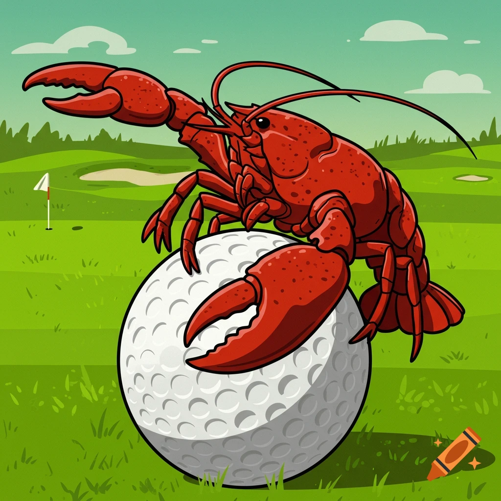 A red lobster with bold lines is laying on a white golf ball on a green golf course, vector illustration.