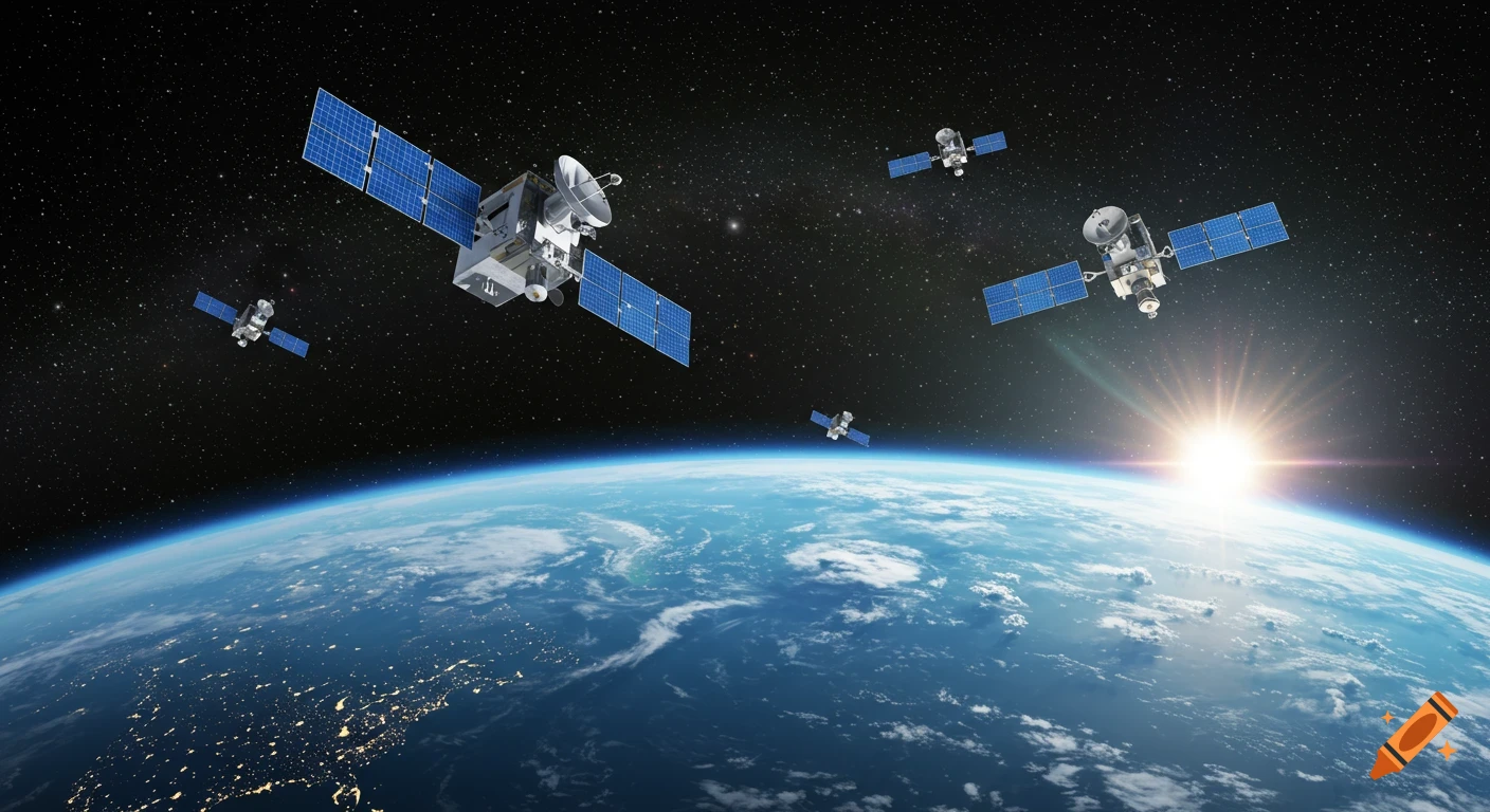Multiple communication satellites with solar panels orbit a vibrant blue Earth, with sunlight beaming from the horizon.