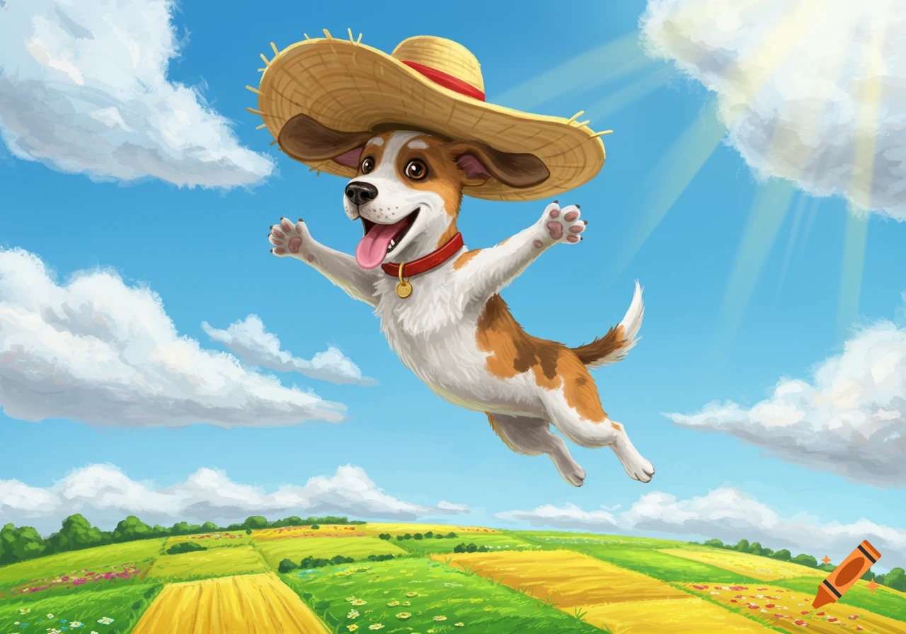 A happy cartoon dog wearing a straw hat and red collar flies with outstretched paws against a blue sky above a green and yellow field.