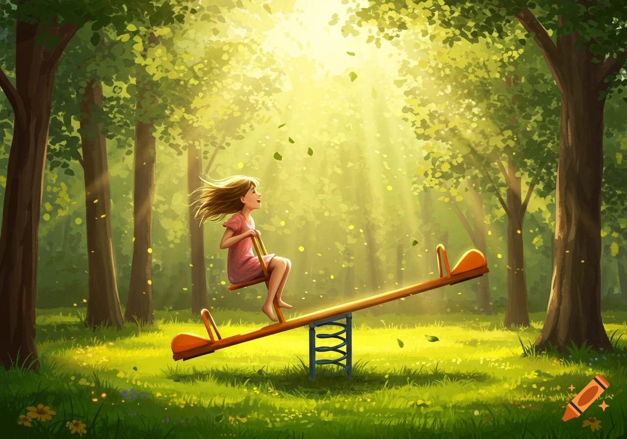 Illustrated scene of a girl on a seesaw in a sunlit forest with golden light and falling leaves.