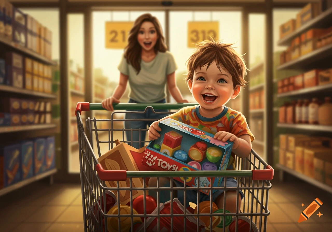 An excited boy in a shopping cart holding a toy box, with a surprised woman pushing the cart in a supermarket aisle.