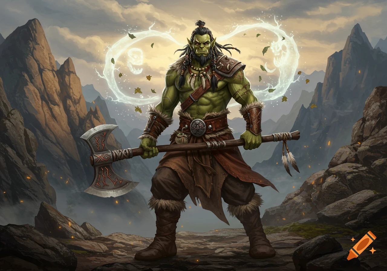 A muscular green-skinned half-orc mountain shaman with a greataxe stands in a rocky mountain landscape under a cloudy sky, with a subtle aura of nature spirit energy behind him.