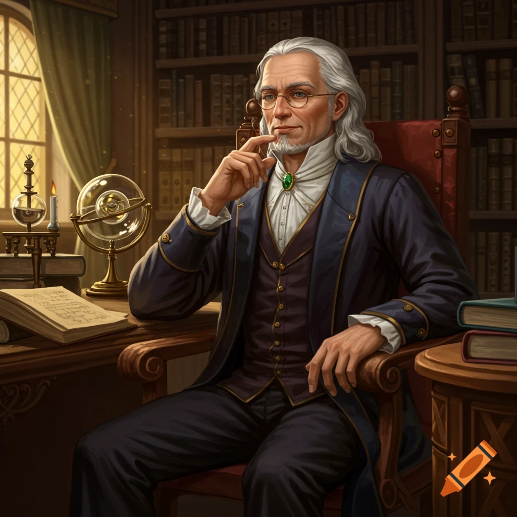 A wise, old man with white hair and glasses sits in a study, surrounded by books and scientific instruments.