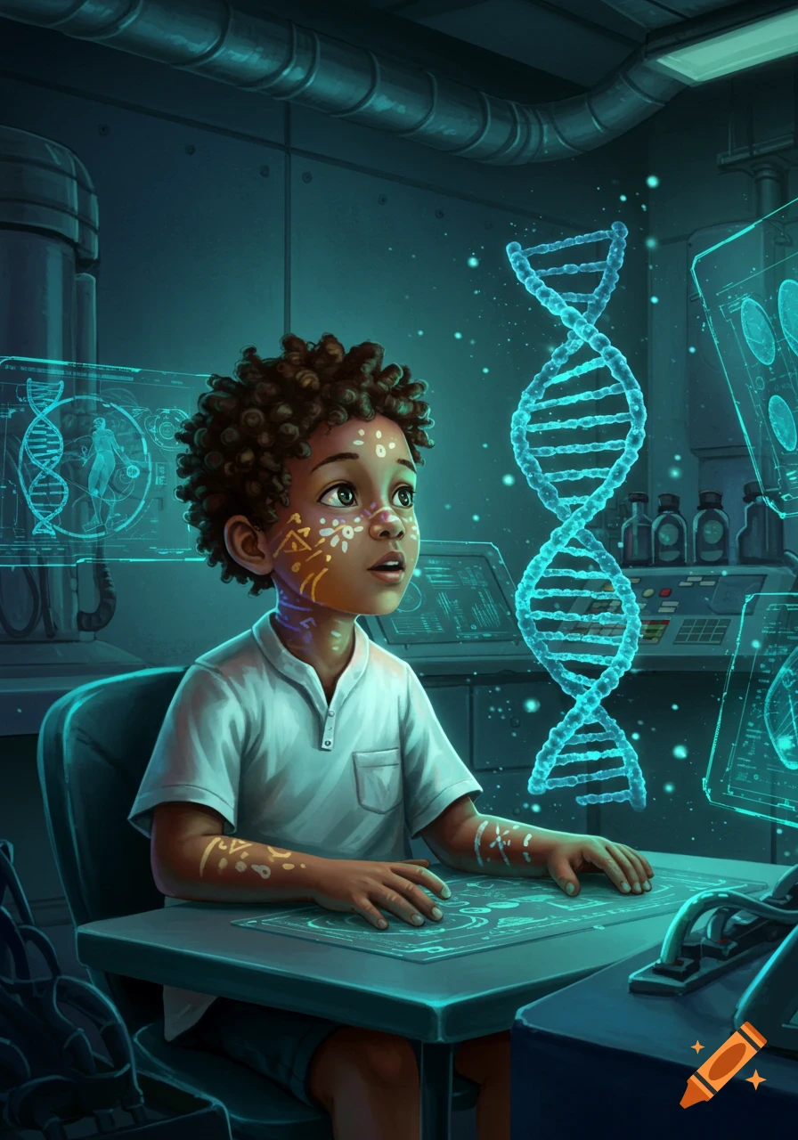 A young boy with curly hair and decorative face paint sits in a futuristic lab, looking at a glowing blue holographic DNA strand.