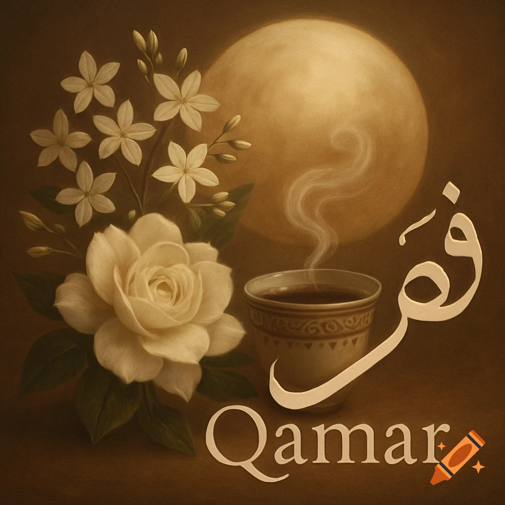 Elegant sepia-toned still life with white jasmine and a rose, a steaming coffee cup, a full moon, and 'Qamar' in Arabic calligraphy.
