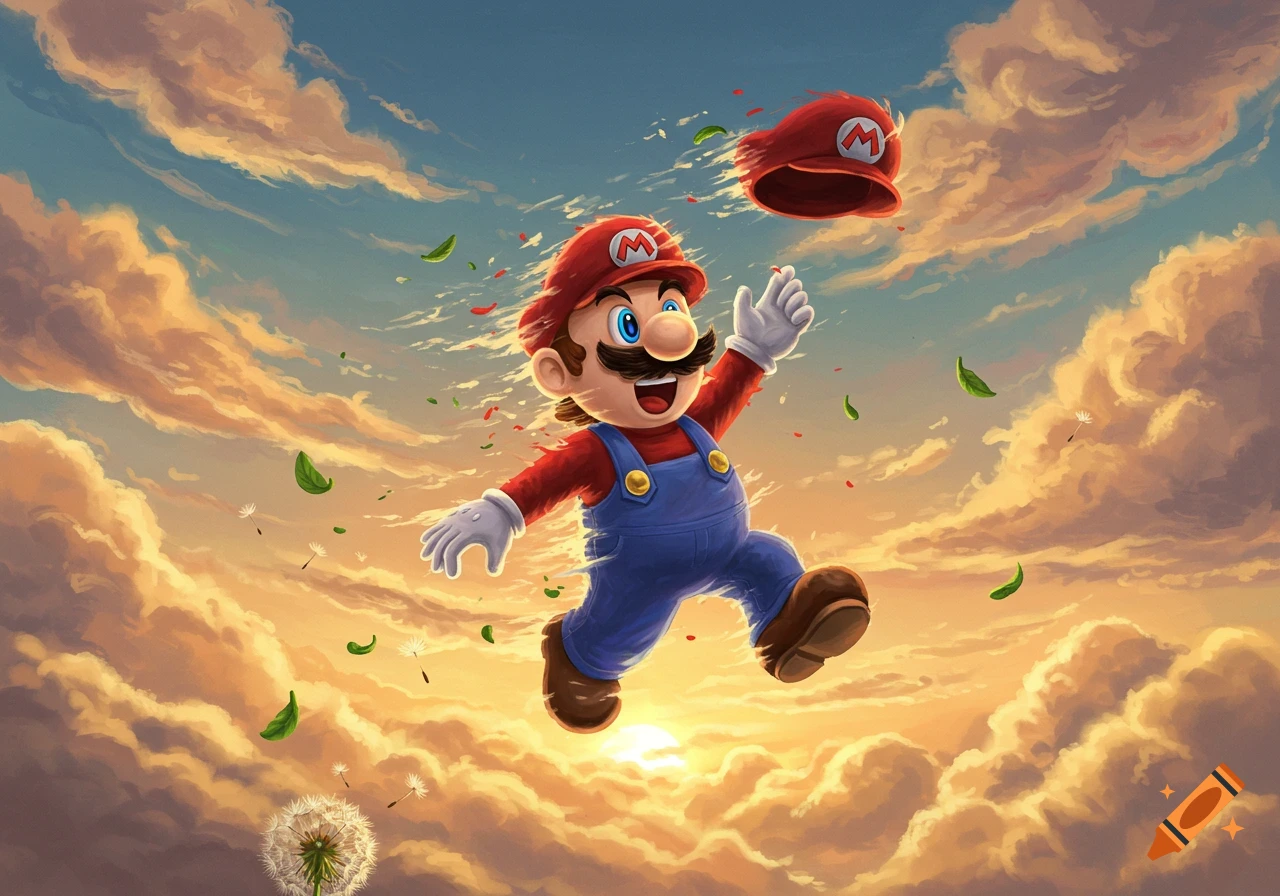 Mario in his classic outfit joyfully leaps into a vibrant sunset sky, his hat floating off, surrounded by leaves and dandelion seeds.
