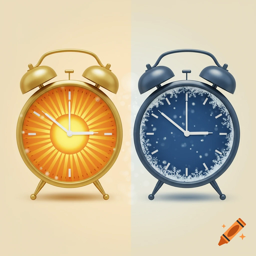 Two stylized alarm clocks, one gold with a sun face for summer, and one blue with a snowflake face for winter.