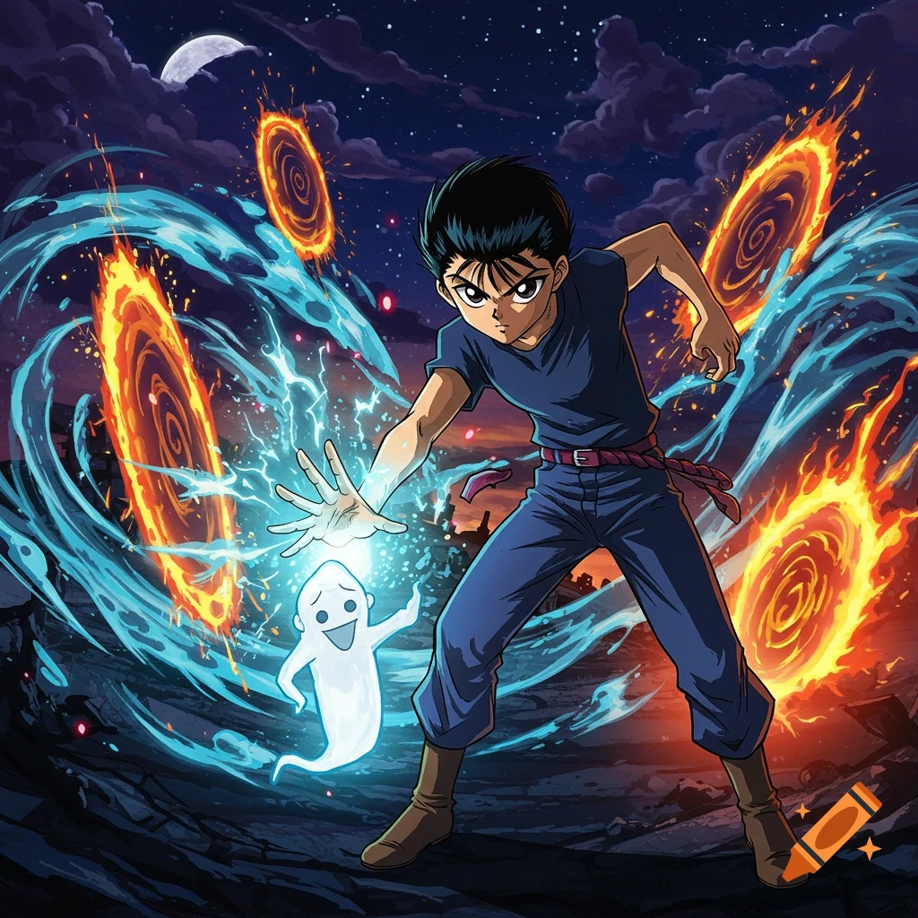 Anime hero in a dark shirt and pants, summoning a ghost and blue energy amidst fiery orange portals under a moonlit night sky.