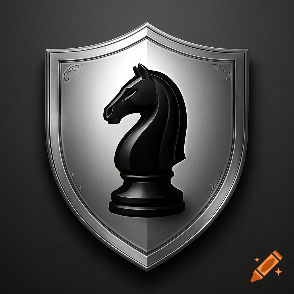 A sleek black chess knight stands prominently on a polished silver shield against a dark background.