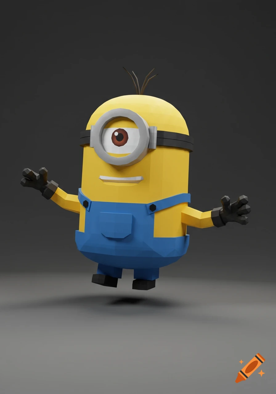 A low-poly 3D render of a Minion character, standing with arms slightly raised, against a dark grey background.