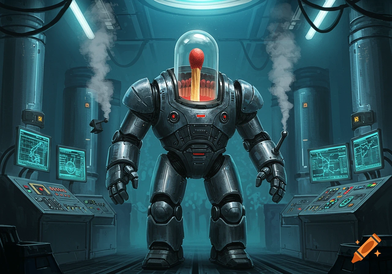 A large grey mechsuit with a glass dome head containing a glowing matchstick, stands in a dark sci-fi lab with blue light.