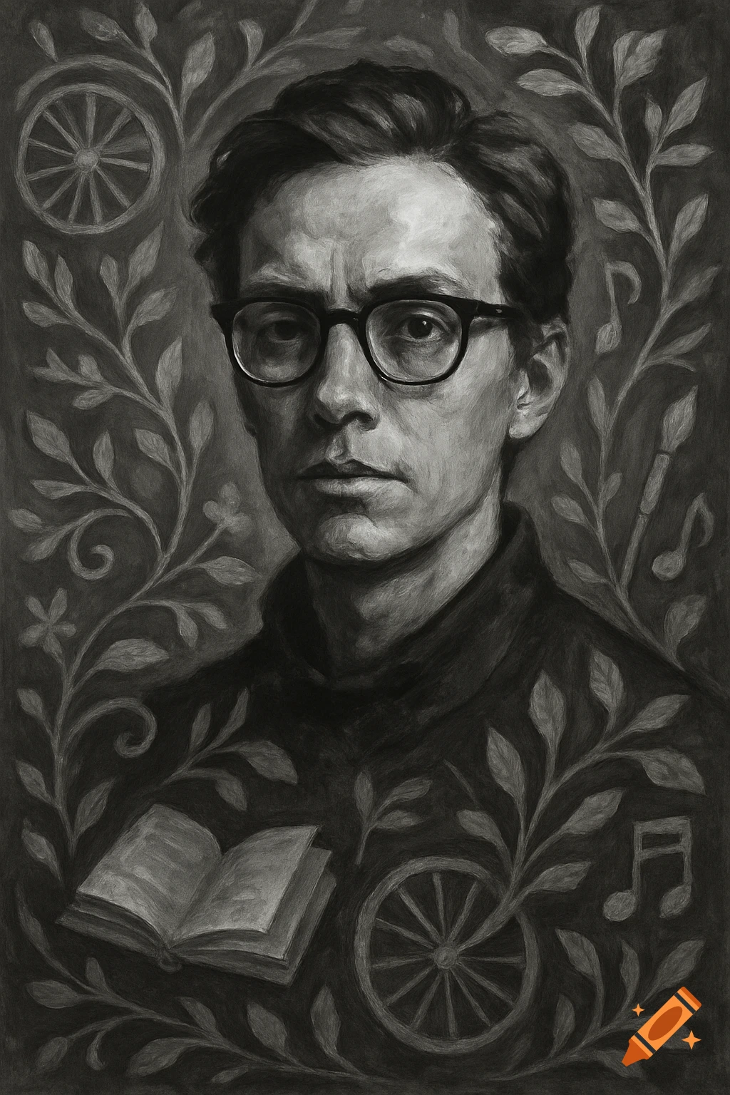 Painterly black-and-white portrait of a man in glasses, with symbolic botanical patterns, book, wheels, notes, and a paintbrush.