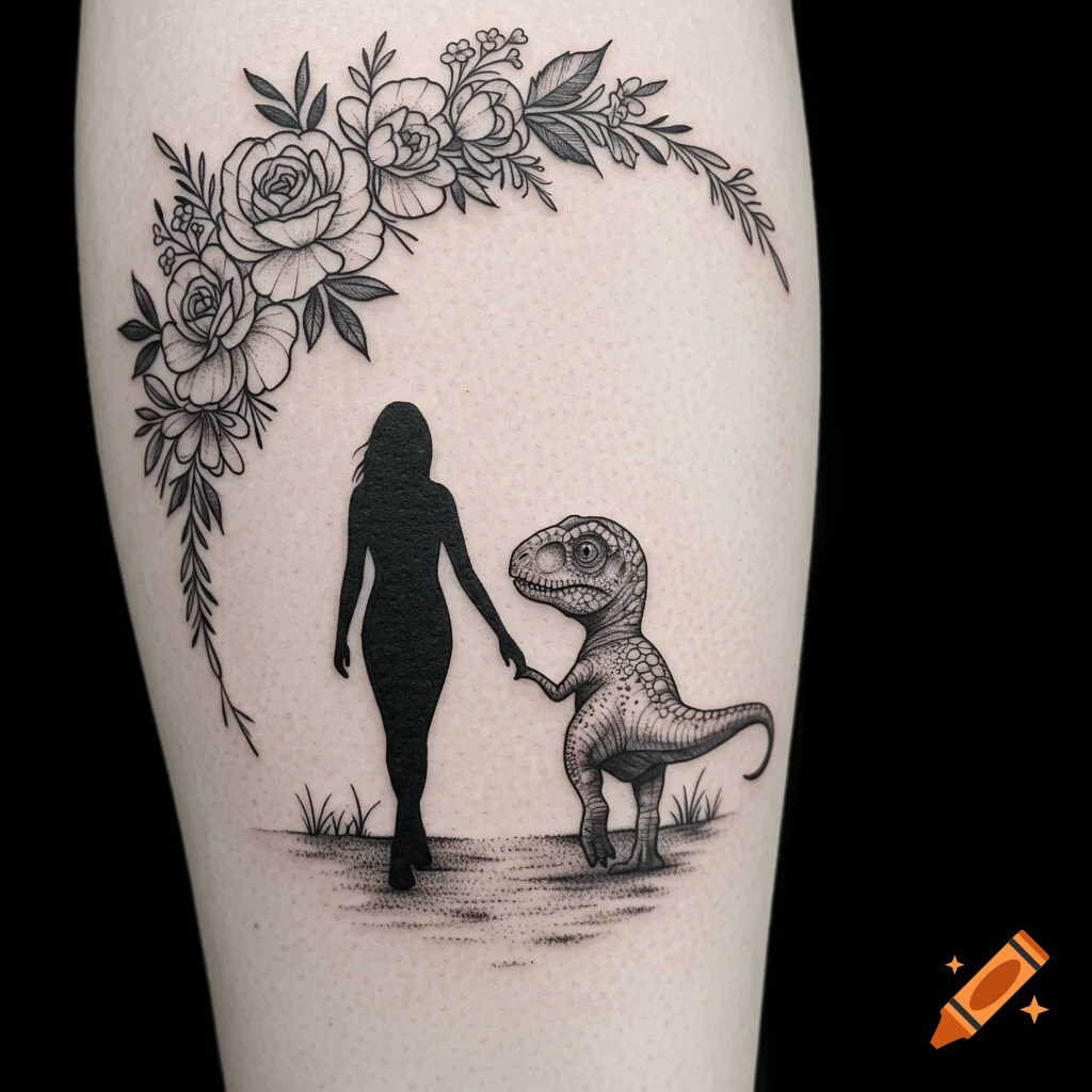 Black and white tattoo of a woman's silhouette holding hands with a baby T-Rex, framed by an elegant floral border.