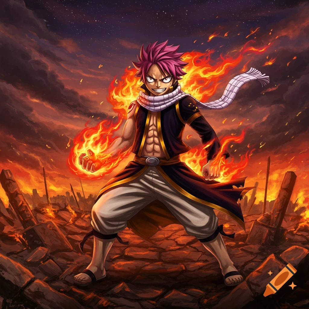 Anime character Natsu Dragneel with pink hair, wreathed in fire, stands in a fiery, destroyed landscape.