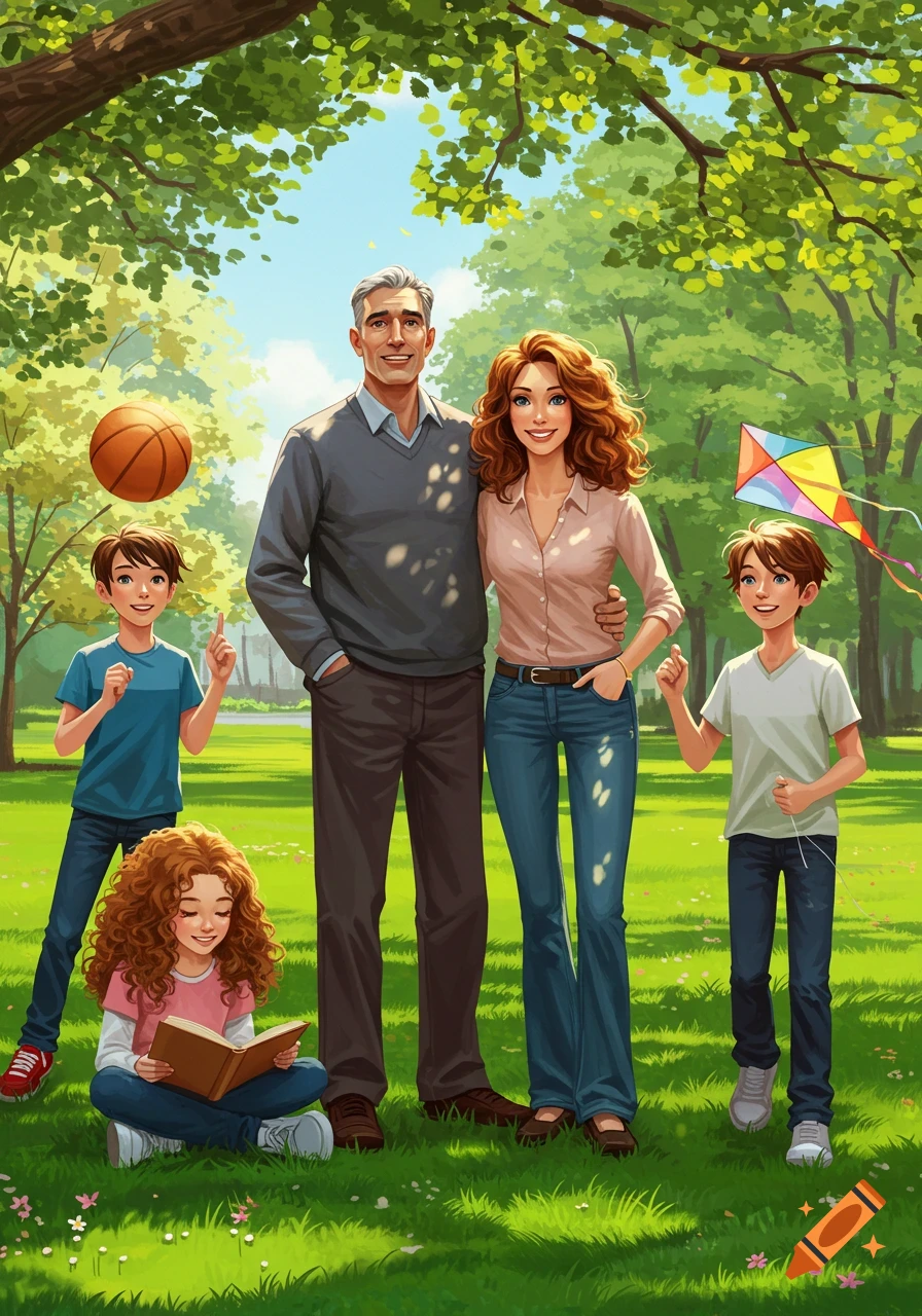 An illustrated family of five, including parents, two sons, and a daughter, posing in a sunny park on green grass.
