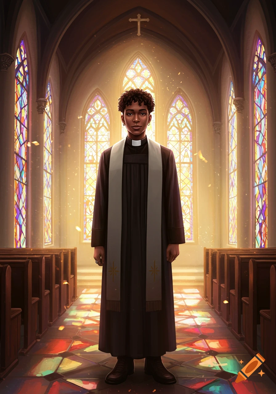 A young pastor with short curly hair and facial piercings stands in the aisle of a sunlit church with stained glass windows.