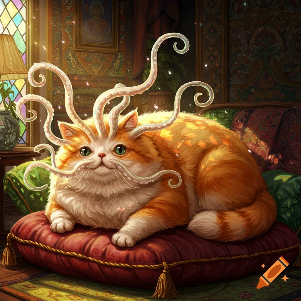 A very fluffy orange and white cat with green eyes and white tentacles for whiskers and sprouting from its head, lies on a red velvet pillow in a richly decorated room.