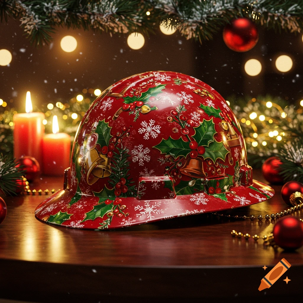Photorealistic image of a red hard hat with Christmas holly, bells, and snowflake patterns, on a table with candles and ornaments.