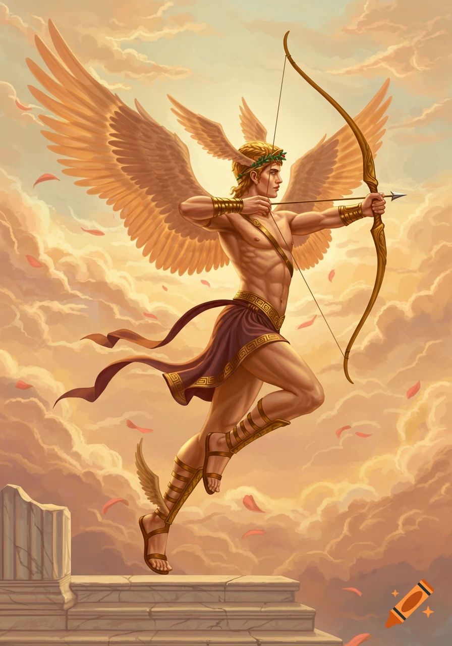 A muscular, winged man with a laurel wreath, holding a bow and arrow, flying through golden clouds with falling rose petals above stone ruins in an illustrative painting.