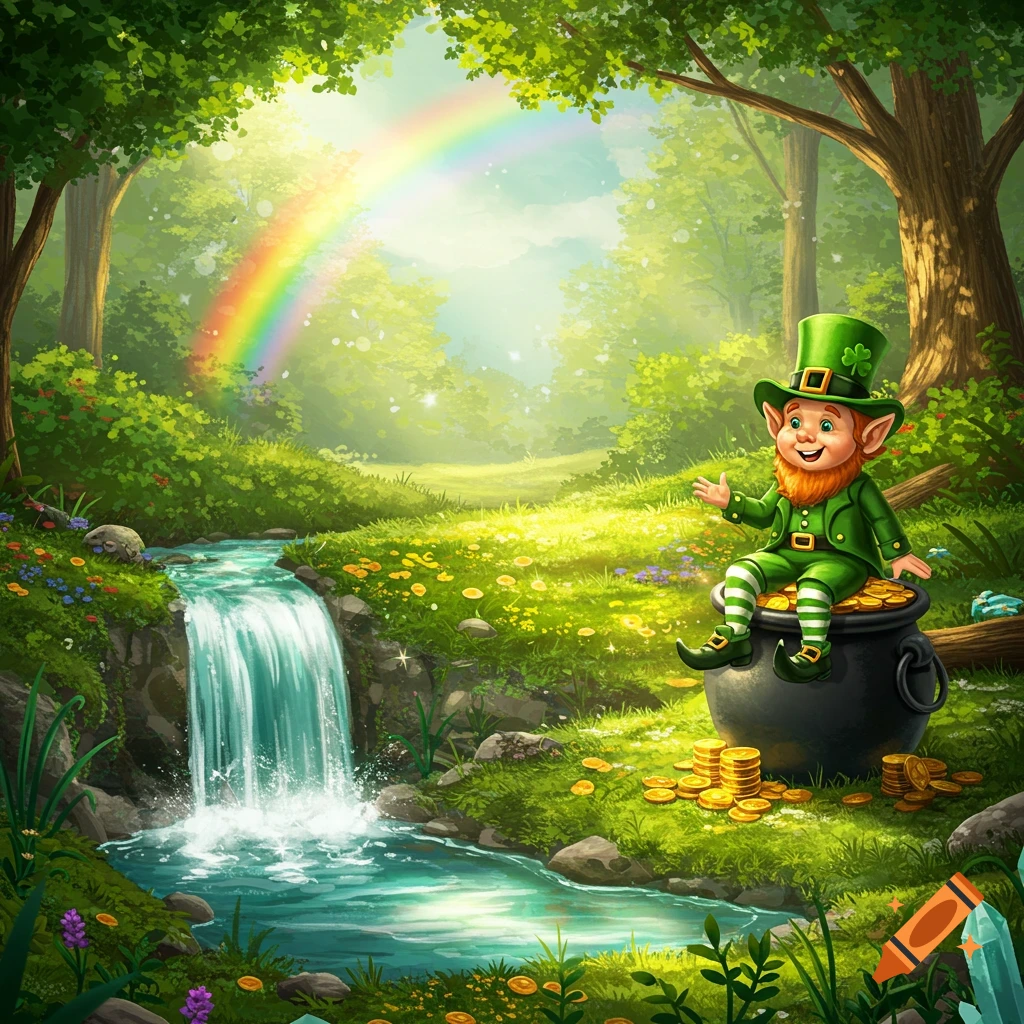 A cartoon leprechaun sits on a pot of gold by a waterfall in a sunny forest clearing with a rainbow.