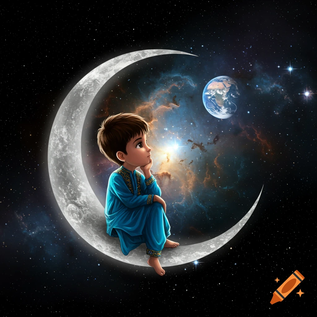 An illustrated small boy in a blue outfit sits on a crescent moon, looking up at Earth and nebulae in space.