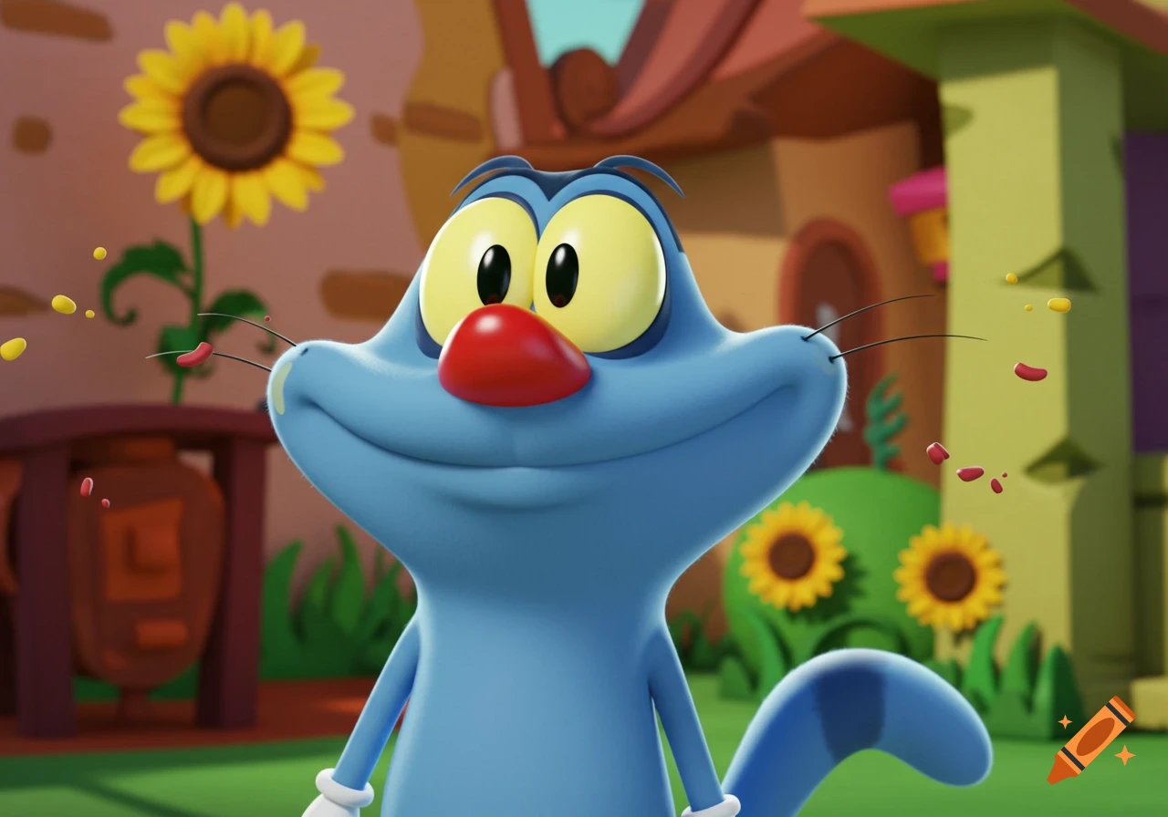 A smiling blue cartoon cat, Oggy, with large yellow eyes and a red nose, in a vibrant animated garden with sunflowers.