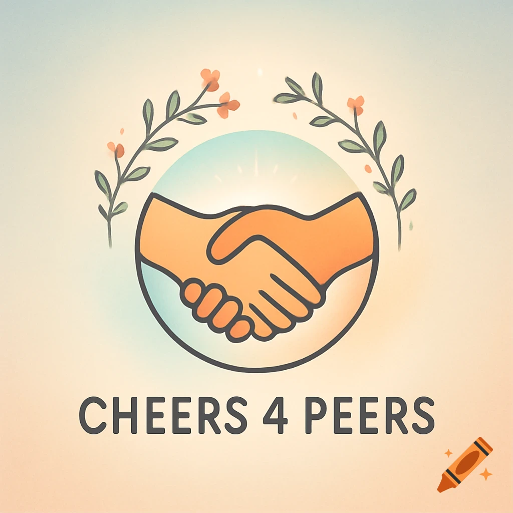 Illustration of two hands shaking inside a circle, framed by floral branches, with the text 'CHEERS 4 PEERS' below.