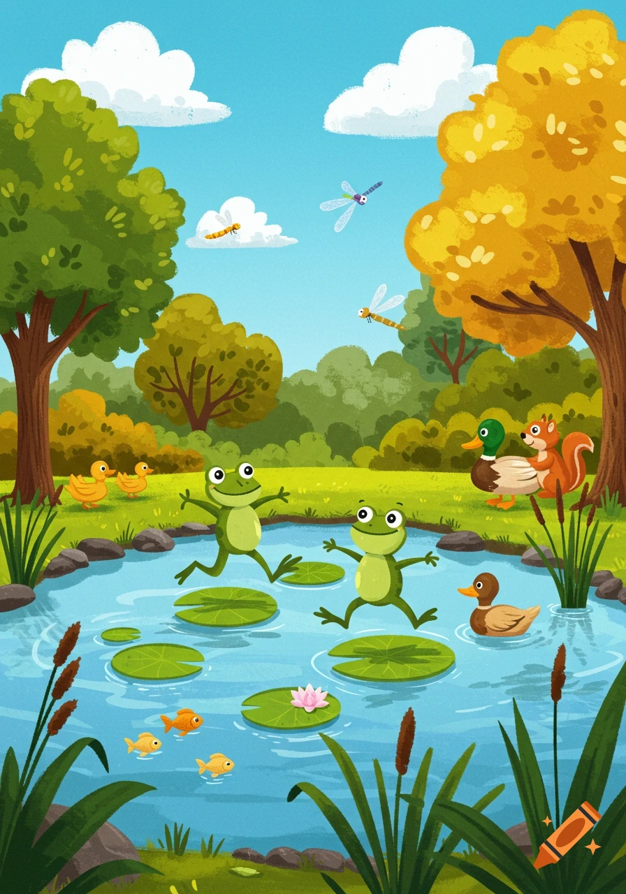 Two cartoon frogs leap on lily pads in a pond with ducks, a squirrel, fish, and dragonflies in a sunny, green landscape.