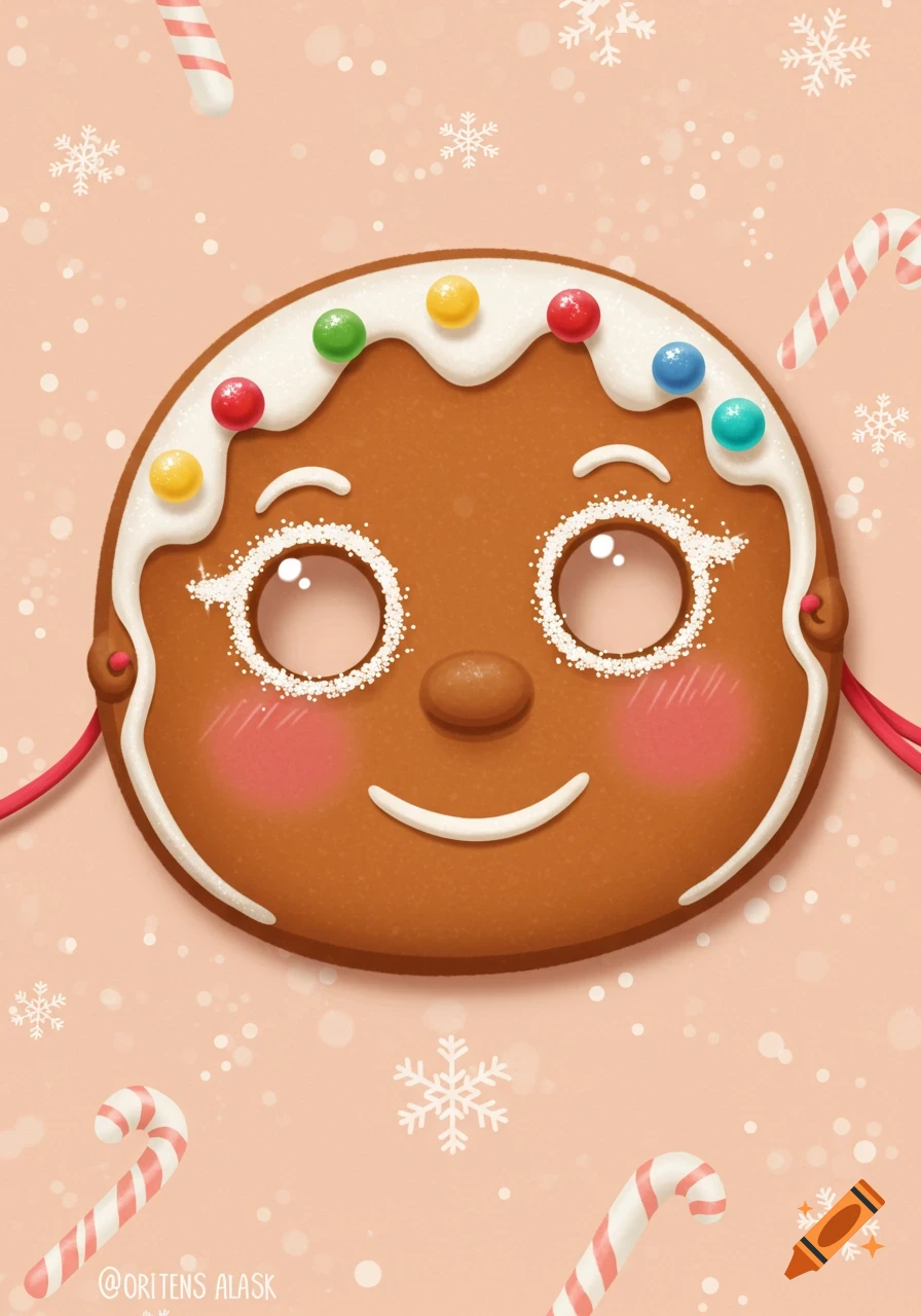 A cute gingerbread mask with white icing, colorful candy buttons, rosy cheeks, and a smile on a light pink background with snowflakes and candy canes.